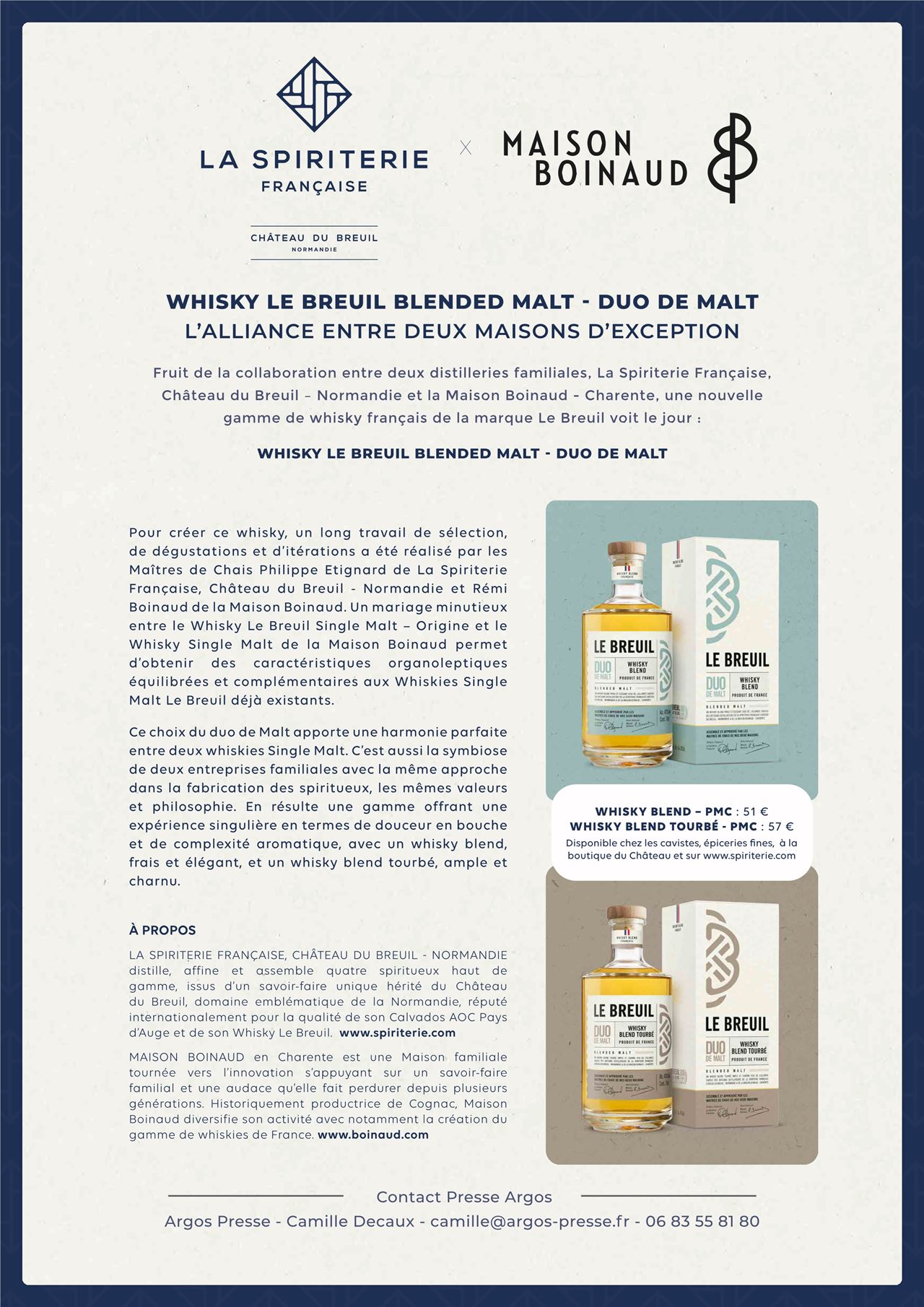 Whisky duo de malt français tourbé Château du Breuil en Normandie