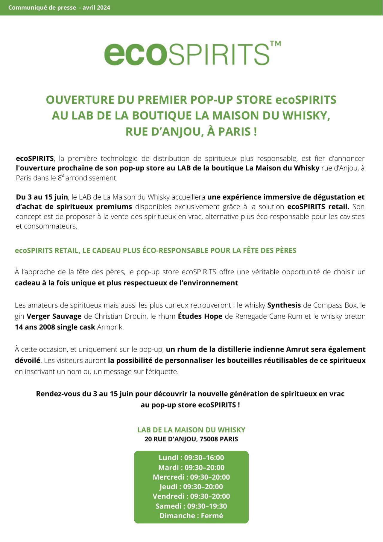 Ouverture du premier pop-up store ecoSPIRITS au LAB de la boutique La Maison du Whisky à Paris