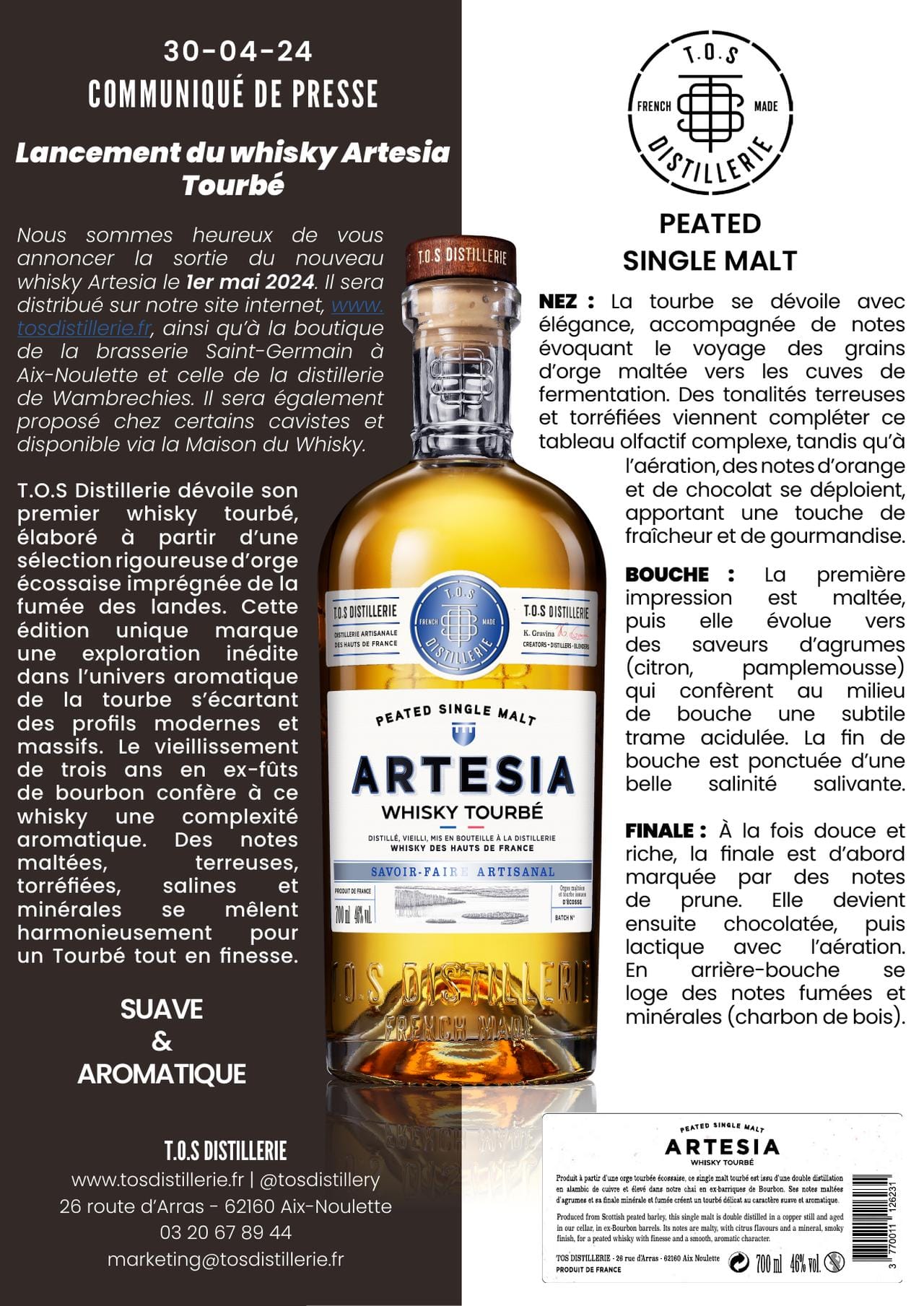 T.O.S Distillerie annonce le lancement du whisky Artesia Tourbé