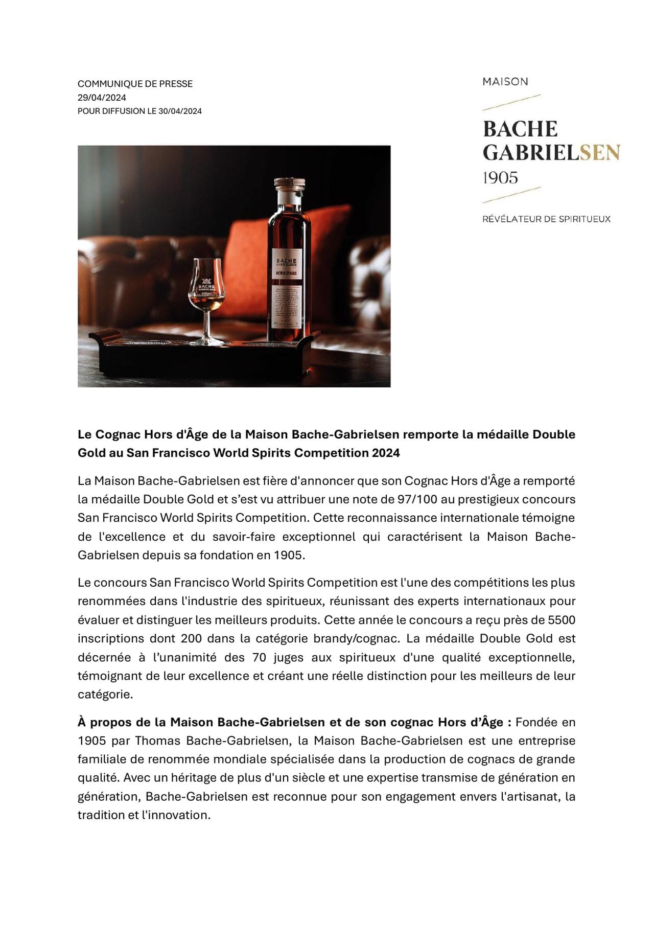Le Cognac Hors d'Âge de la Maison Bache-Gabrielsen remporte la médaille Double Gold au San Francisco World Spirits Competition 2024