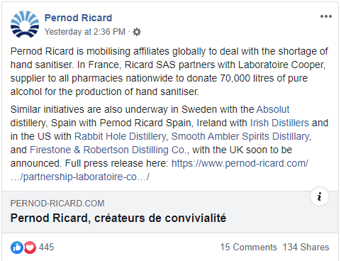 Pernod Ricard se mobilise contre le COVID-19
